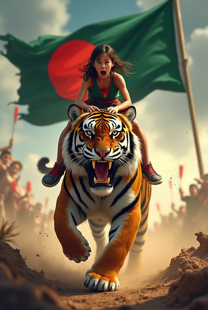 A girl is sitting on the body of a tiger with the flag of Bangladesh and the angry tiger is running and Bangladesh win is written there