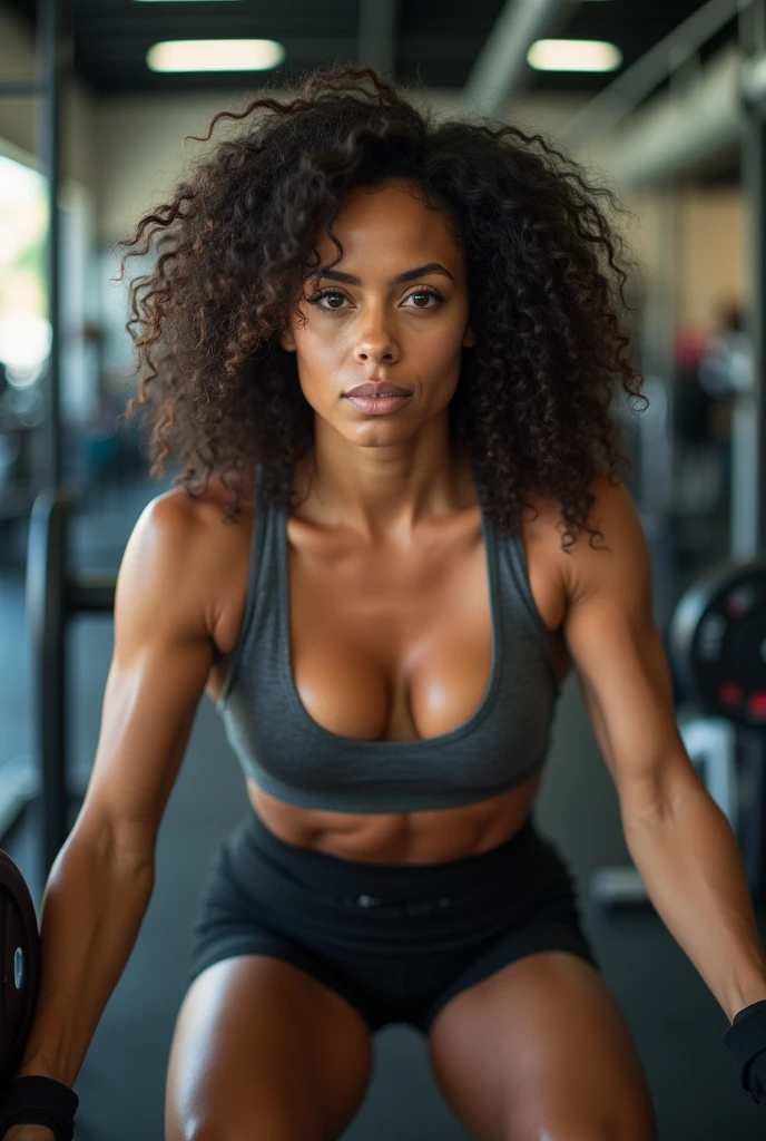 A real photograph of a woman with Brazilian features, white, almond shaped eyes and curly hair, doing weight training 