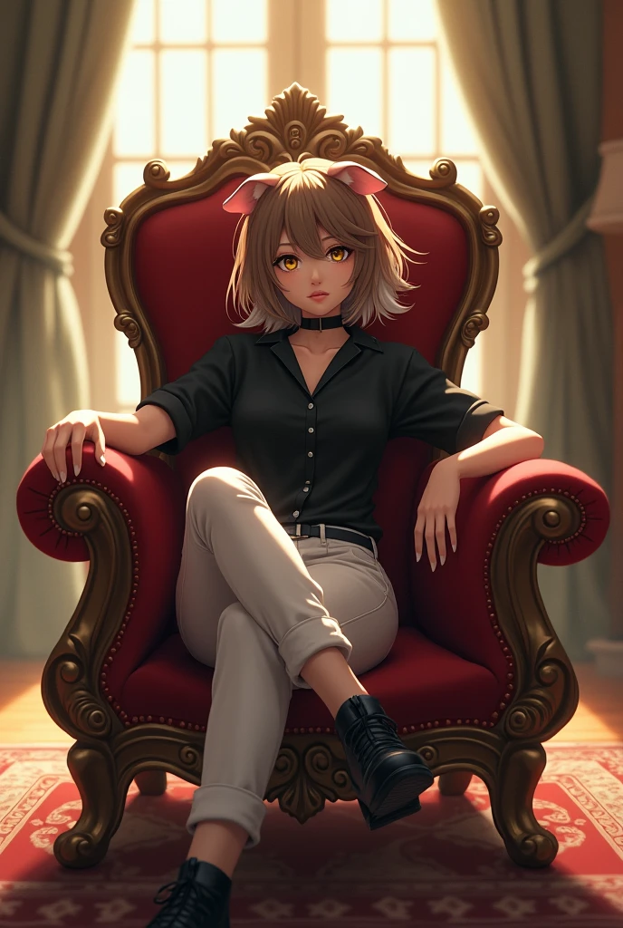 androgynous, beautiful, half human, half guinea pig, sitting on a throne, lasts, black buttoned shirt, white pants, black strap, black shoe, brown hair and white streak, interior, Soft lighting, spy painting pictures, window with sunlight, cozy room, relaxed pose, docile and noble, Seductive, cute, SERIOUS LOOK, vtuber and anime details