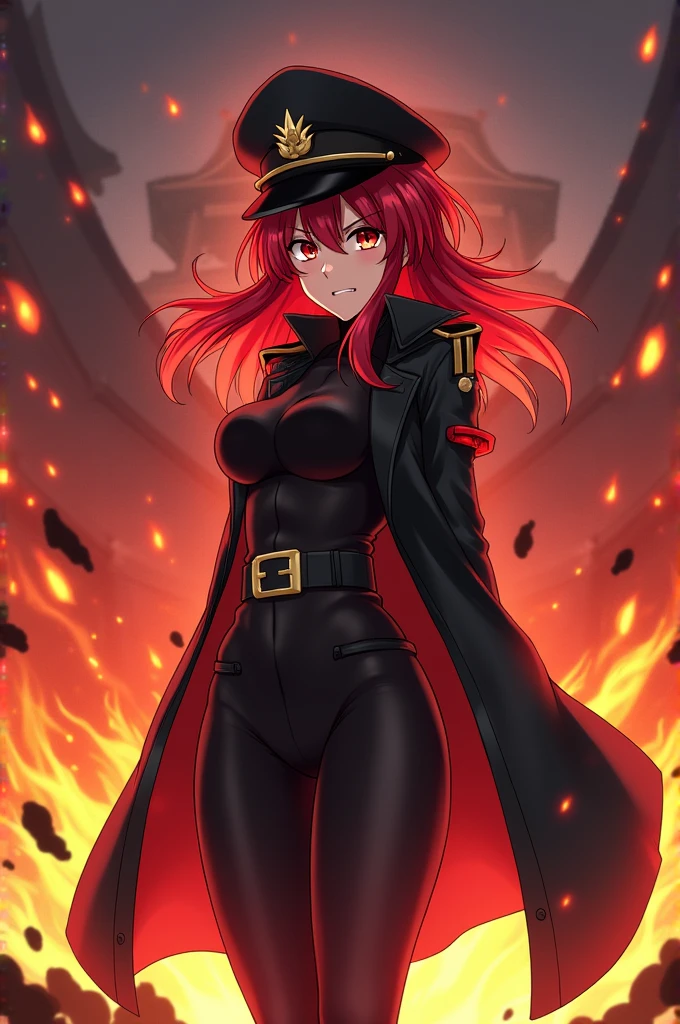 red-haired female anime, angry, wearing a long black jacket and tight clothes, wearing a spiked war general's hat, the atmosphere in the Japanese castle is on fire, full of aura