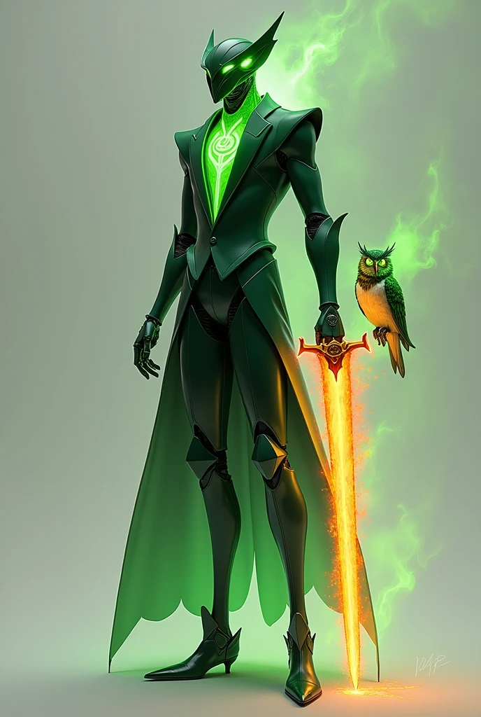 Draw me a tall thin robot with green fiery eyes, a small green flaming owl, and wearing a green tuxedo, he also wields a flaming green sword that extends out of his right at the wrist