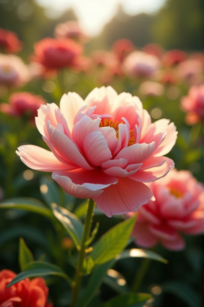 A breathtaking, cinematic photograph of a lush peonies garden, bathed in warm, soft natural light, with an array of vivid and beautiful flowers showcasing a kaleidoscope of bright, bold colors, including soft pinks, delicate whites, and vibrant corals, set against a lush green foliage backdrop, with delicate petals and gentle curves, capturing the intricate textures and shapes of the flowers, with a shallow depth of field, blurring the surrounding environment, and emphasizing the majestic beauty of the peonies, with a sense of intimacy and serenity, evoking a feeling of being immersed in a tranquil outdoor oasis, with a classic, film-inspired aesthetic, and a subtle, creamy tone, reminiscent of vintage photography.
