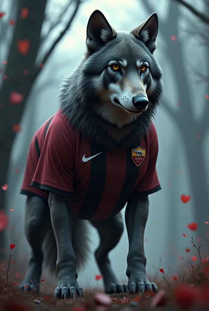 Design a wolf with the ROMA black alternate jersey, imposing, strong, dinga image and special as a cover photo as for a vs. Surreal image,  3d professional looking sideways like for a versus for a fight portal