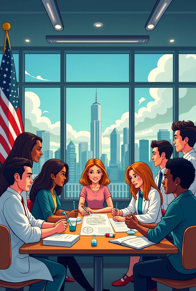cartoon illustration featuring the US flag, the sputnik, The twin towers, Globalization and academics