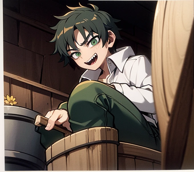 1men,black scraggly hair, green eyes,sharp teeth, france clothes bucket,in bucket,in container, happy, farm, style of worthikids