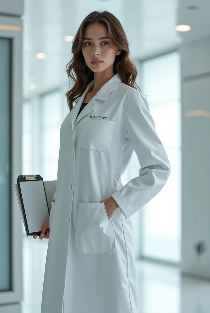 young woman with brown hair wearing a scientist&#39;s coat , with full body 