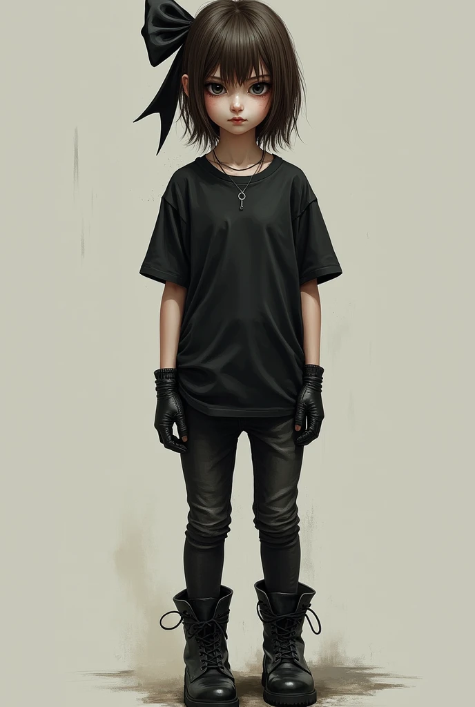 brown hair emo clothes and emo pants black eyes and big bow on the back of the head

