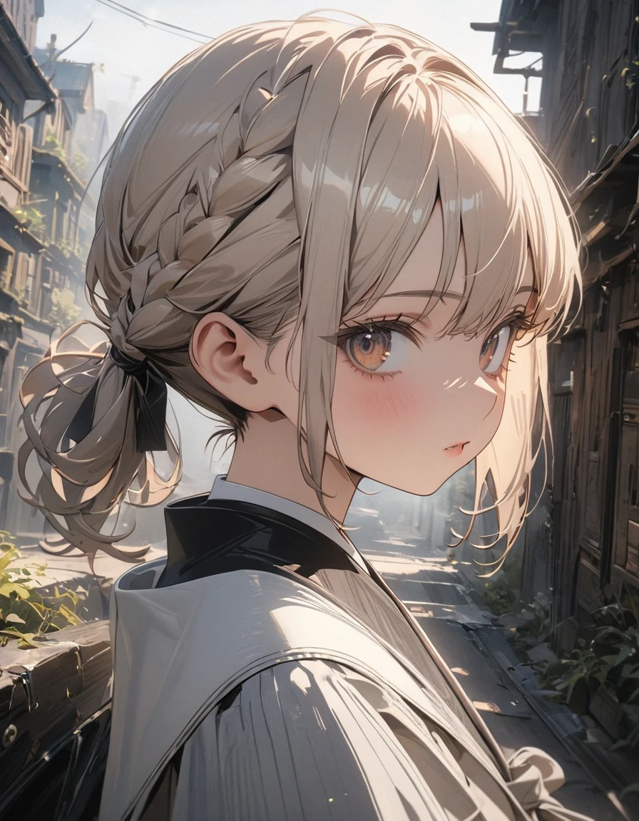 ((Masterpiece)), ((best quality)), ((wide shot)), (super detail:1.2), (High Definition:1.3), ((extremely detailed)), (8K), (Professional Photography:1.2), (very aesthetic:1.2), (absurdres:1.2), perfect anatomy, intricate details, (sharp focus), (perfect light), (drop shadow), ((1girl)), ((cute teenage girl)), (platinum-gold hair),A woman with short hair in twin pigtails, each braid tied at the ends, resting just above her shoulders. The style is simple yet elegant, with a modern twist.(cute cheeks), glossy lips, pouty lips, bags under the eyes, (lower eyelashes), (detailed background:1.2), spooky atmosphere, newest,clear line,