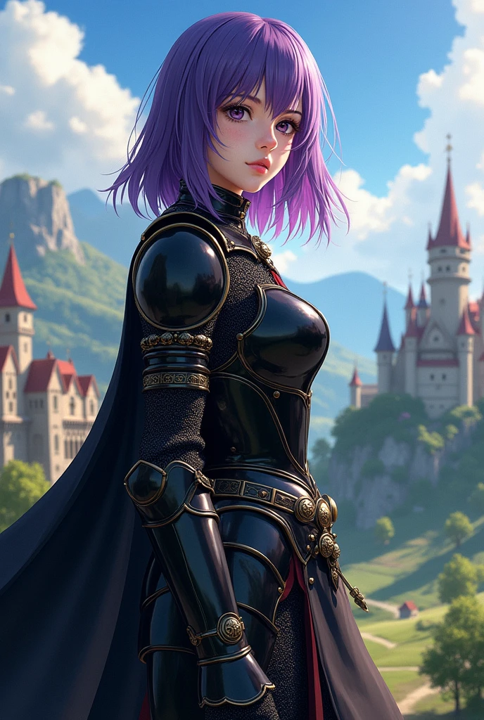 A beautiful 20 year old woman with shoulder length purple hair, eyes black, freckles on her face and fair skin with an adult body and black knight outfit. Anime traits in medieval times.