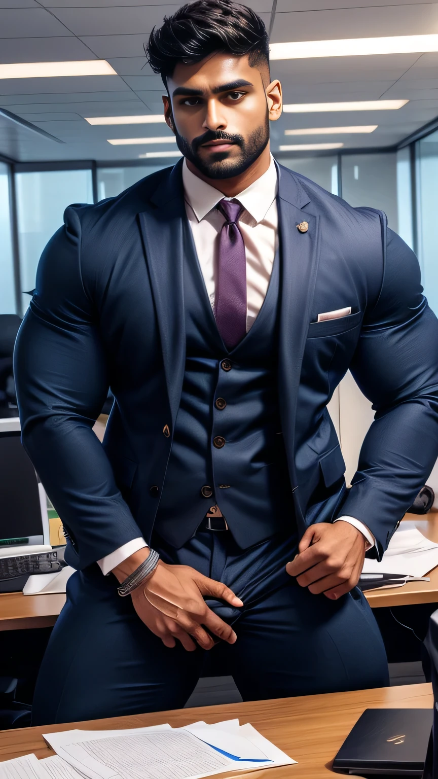 Gay Gurjar Indian ARJUN in business suit, Standing in the office with legs spread, huge bulge