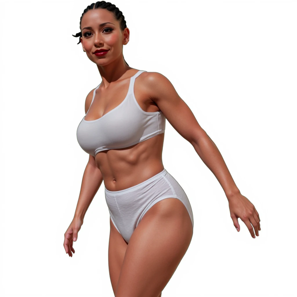 (masterpiece, best quality)), ((((perfect anatomy)))), Brazilian woman with tied back black braids, dark eye-shadow, dark red lipstick, dark brown eyes, white bra , (((white high cut cotton panties))), smiling, big hips, (((realistic art style)))