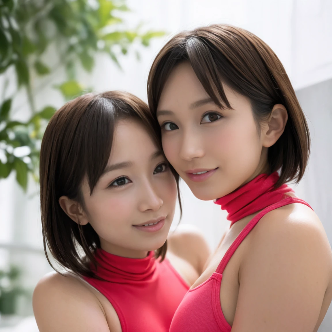 Japanese Girls、Licking fingers、((your breasts will grow、))Black Hair、(See through)、your breasts will grow(Face with open mouth)Background Outdoor pool、(My body is soaked..5)、Wavy hair and super short bob hair、Realistically、(Two girls hugging each other, your breasts will grow胸の膨らみを強調する)((Gross 5.5))(She is wearing a sleeveless red turtleneck swimsuit.)，，Accentuate your cleavage，Looking up from below，blush，moist pink lips，sexy，Own，Please smile、Place your arms behind your head、