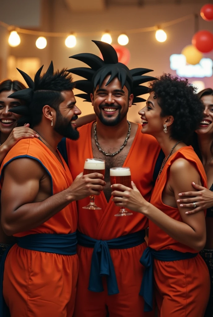 3 Latino men dressed in Dragon Ball Z clothing drinking beer and surrounded by beautiful women hugging them