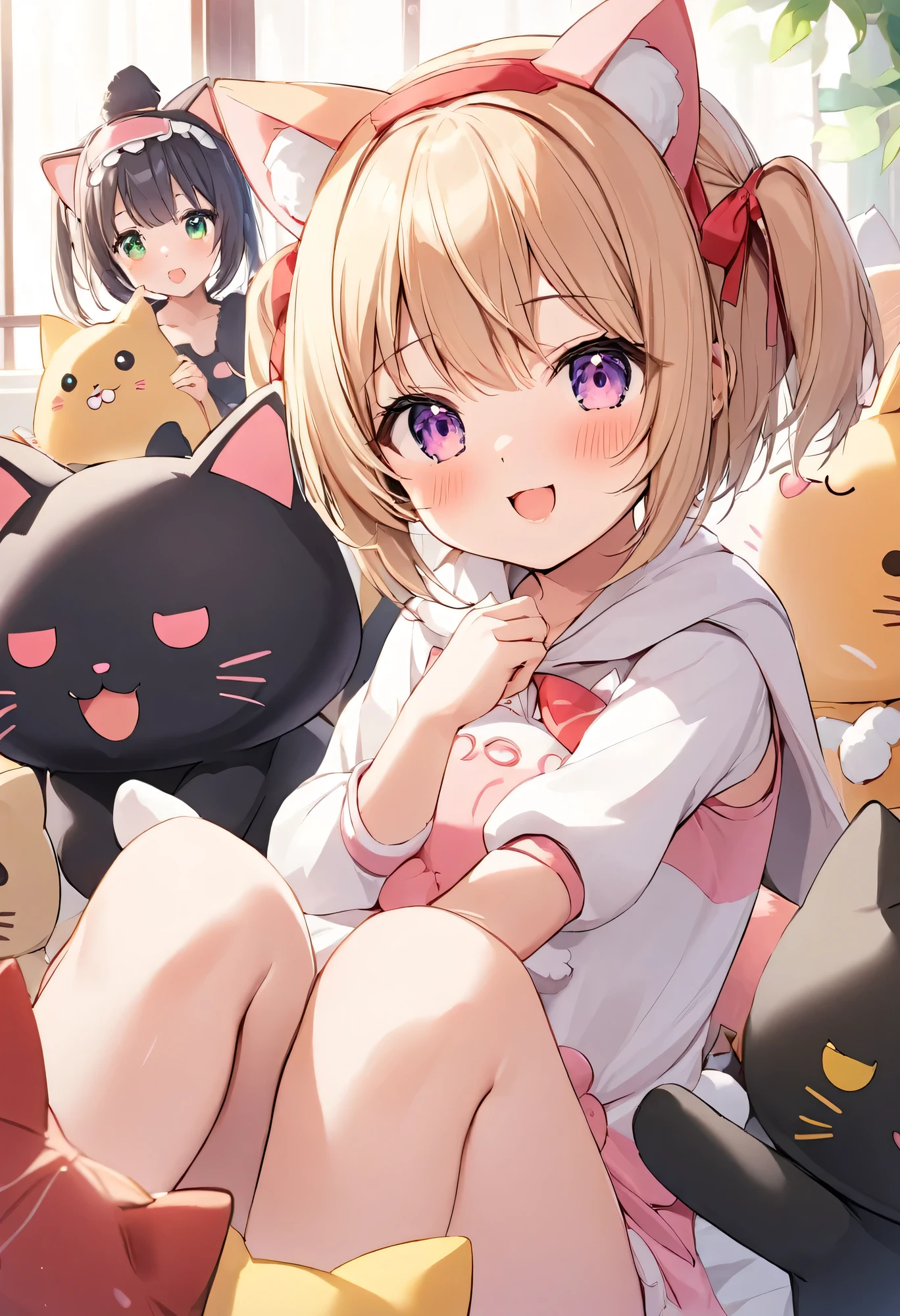 Highest quality、High resolution、Detailed Background、(Beautiful face in every detail:1.4)、Normal number of fingers、Highly detailed face、Detailed eyes、Teenage beauty、Perfect body line、Light color hair、Bobcut、ponytail、Twin tails、cute hairstyle、An innocent smile、Cute gestures、
(A girl playing with her friends in cat costumes, innocent and happy.:1.5)、
The girls wore cute cat ear headbands.、Has a fluffy tail、
The knitted one-piece has a cat's face printed on it, and she is wearing gloves with small paw prints on them.、On her feet, she is wearing green leggings and fluffy slippers.、Just like a real kitten、Running around energetically、Lounging around at home、Basking in the sun by the window、「Her」"、Pretending to lick a plate of snacks、The way he relaxes just like a real cat、So cute、It's filled with a happy atmosphere、The girls were playing enthusiastically.、It's a sight that will make you smile.、cute