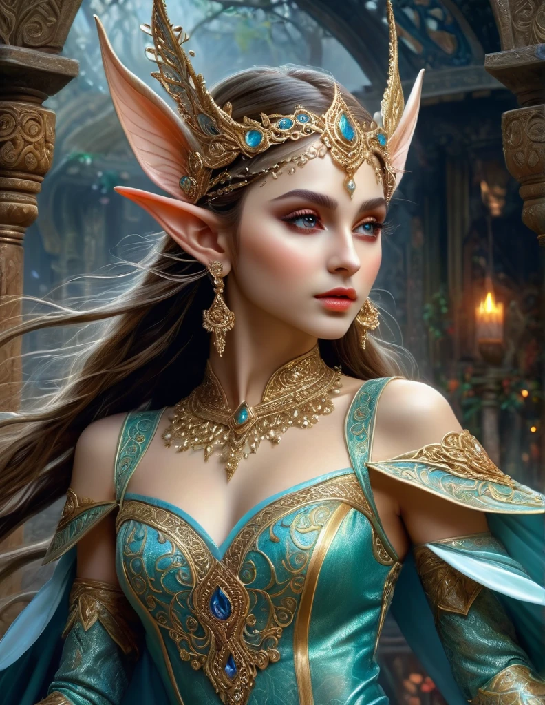 masterpiece, best quality, super fine image, 32K, perfect facial features, hyperrealistic, beautiful intricate details, hyperrealistic, a degnified beautiful elegance Elf dancer, beautiful detailed decorated dynamic pose, mystical detailed facial features, complex intricate background, chaos composition, never before, incredible elegance in gloom, 