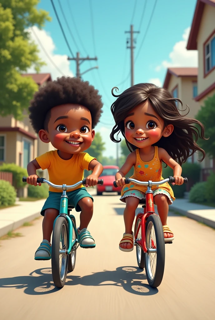 One chubby black boys and 1 girl riding bicycles with a car behiand them