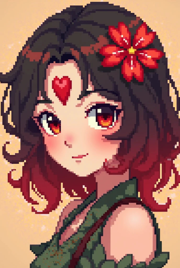 Pixel art of a brunette girl with red hair and a red flower on her forehead 