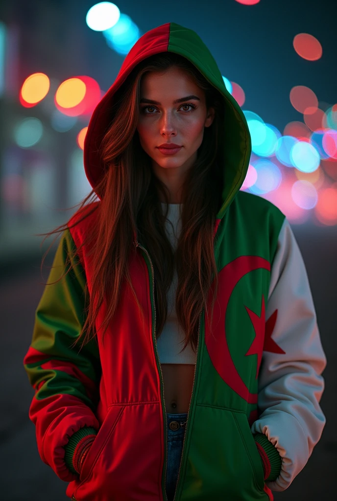 Woman wearing a green, white and red hooded jacket with the Algerian flag. She has long brown hair and is looking directly into the camera.. She puts her hands in the pockets of her hoodie, black background decorated with colored lights.