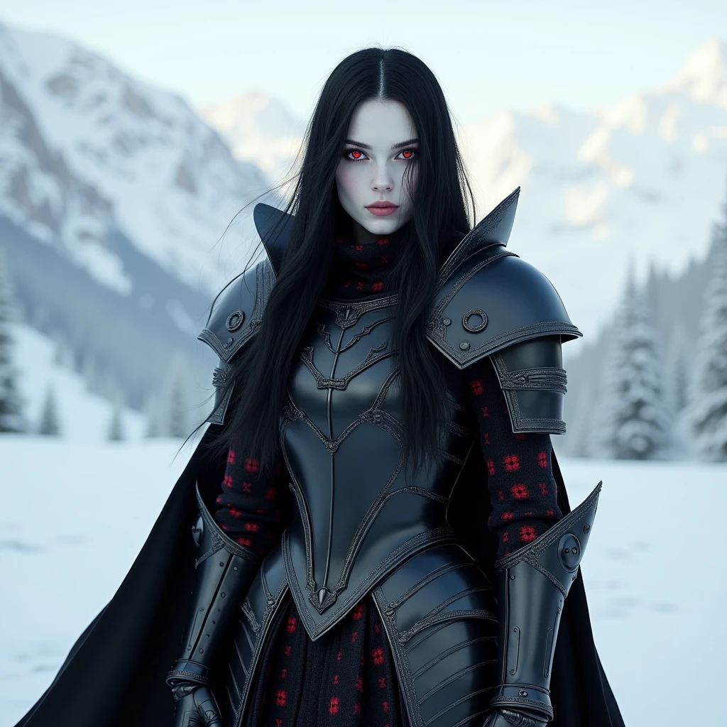 A Pale Women with long black raven hair, with red vermilion eyes, clad in a black full plate Armor stunningly beautiful, standing in a snowy mountain, her eyes red like ruby