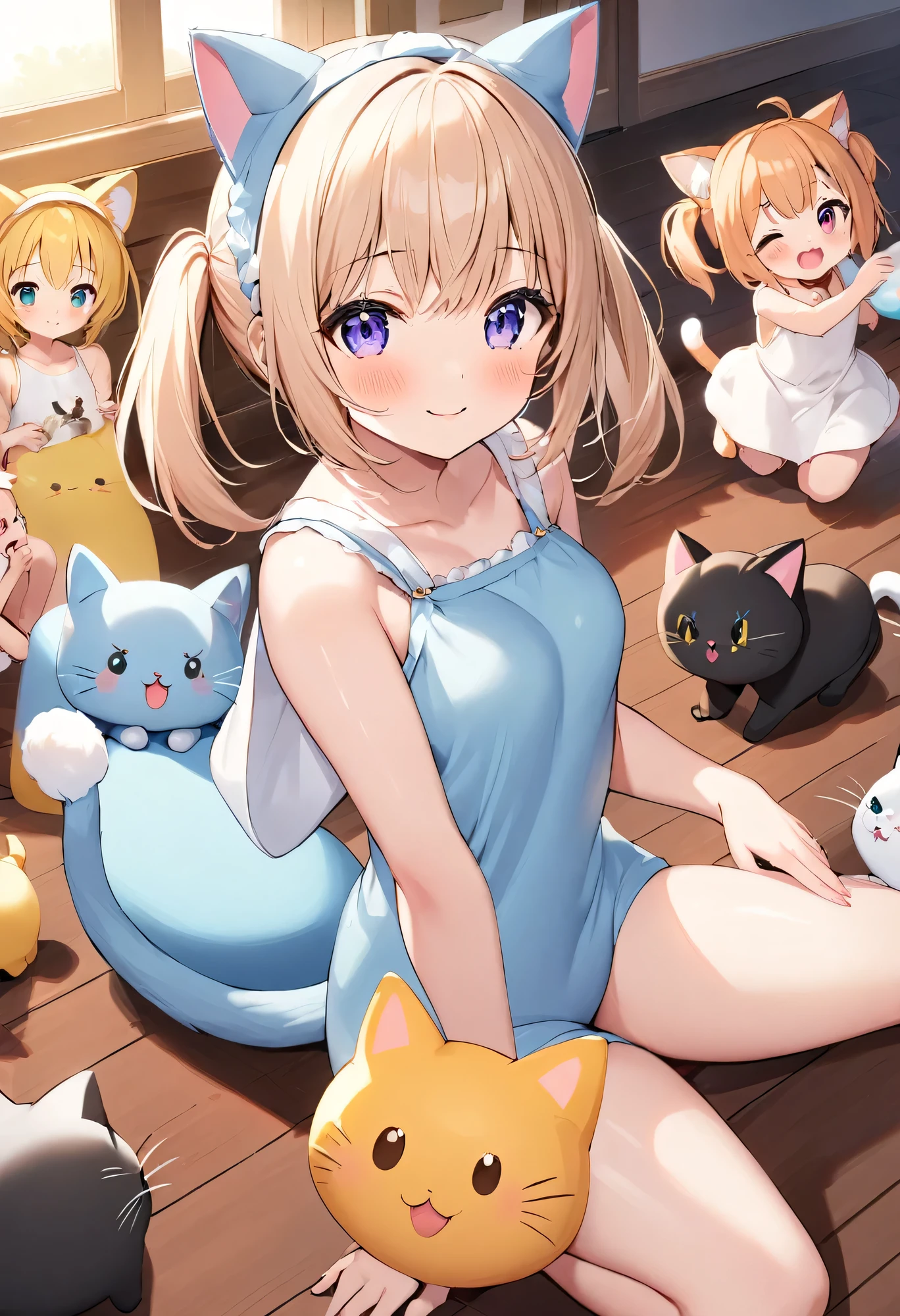 Highest quality、High resolution、Detailed Background、(Beautiful face in every detail:1.4)、Normal number of fingers、Highly detailed face、Detailed eyes、age beauty、Perfect body line、Light color hair、Bobcut、ponytail、Twin tails、cute hairstyle、An innocent smile、Cute gestures、

(A girl playing with her friends in cat costumes, innocent and happy.:1.5)、

The girls wore cute cat ear headbands.、Has a fluffy tail、
The knitted one-piece has a cat&#39;s face printed on it, and she is wearing gloves with small paw prints on them.、On her feet, she is wearing green leggings and fluffy slippers.、Just like a real kitten、Running around energetically、Lounging around at home、Basking in the sun by the window、「Her」&quot;、Pretending to lick a plate of snacks、The way he relaxes just like a real cat、So cute、It&#39;s filled with a happy atmosphere、The girls were playing enthusiastically.、It&#39;s a sight that will make you smile.、cute
