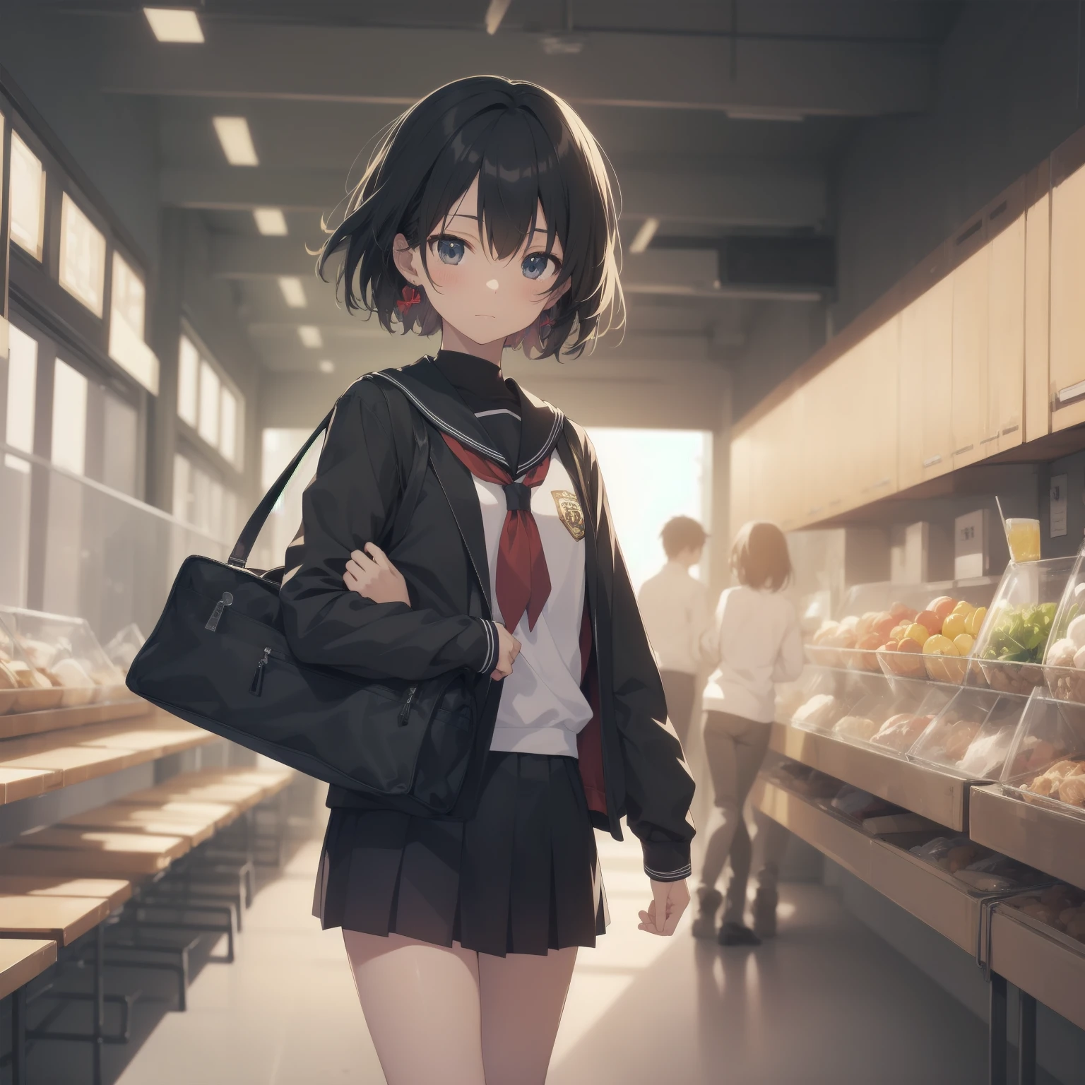 ultra-absurdres-Top quality by artist God, ultra-detailed, high resolution, anime moe artstyle, best anime 8k konachan wallpaper, pixiv contest winner, pool:2810, perfect anatomy,break, 1girl, (Please draw a girl walking sleepily to school alone. )break,(Solo,little female,:1.3),Full limbs, ,a junior high school student, (very short hair), short cut, flat chest, , small butt, small black eyes, beautiful detailed eyes, well-proportioned iris and pupils, expressive eyes, highres detailed hair, soft expression, salor school_uniform, sailor collar, serahuku, bow, pleated skirt,(Detailed Lighting), (Detailed background), in the School commute route. break,super detailed skin, Best cinematic lighting powered by famous artist, 8k,beauty illustration,photoshop_(medium),very aesthetic,break,((artist:takeuchi_takashi )), artist:clamp ,artist:carnelian ,artist:kantoku ,
