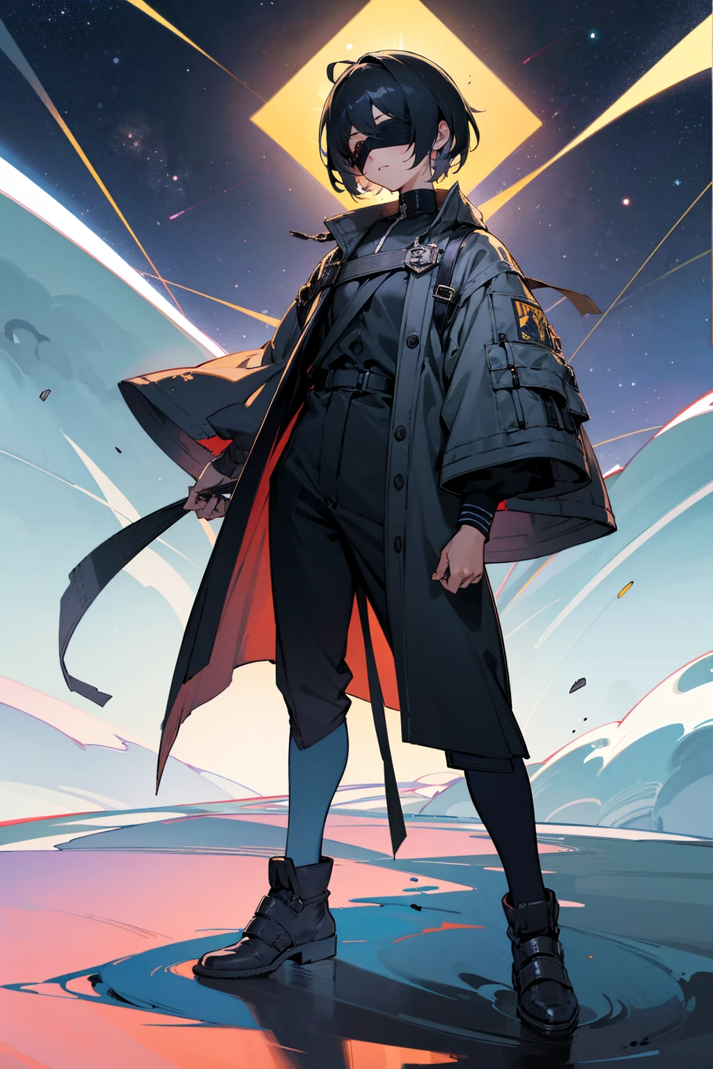 Masterpiece Quality, Perfect Generation, Sclera, Detailed Eyes, Skin,  Short Highlights Hair, , Random Clothing, Random Expression, , Space Background, Full Body, Clothed, Hair Tie, Mad, Standing, strong, , eyes, , masculine, t, , blindfold on face, scars, blindfold