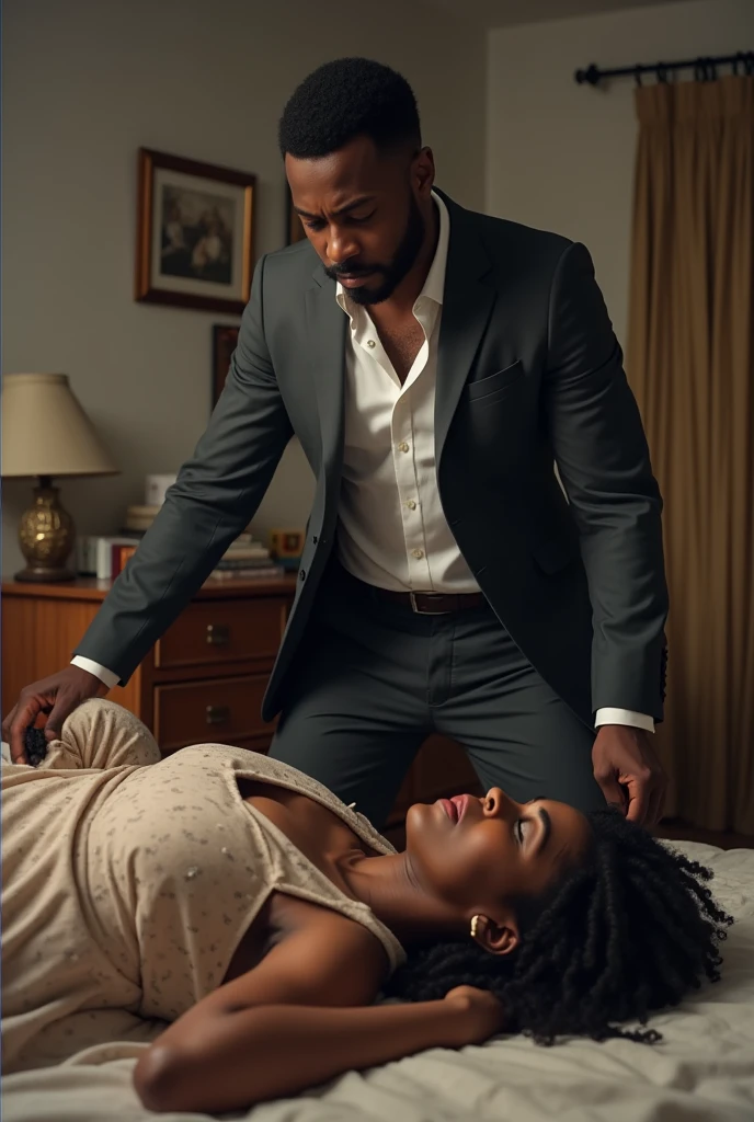 the handsome african husband, strong dark medium tall dressed in a suit with a mustache, comes back from a work trip and finds his very pretty, slightly overweight African wife with a nose ring and natural African braids lying in her own bed having sex with another man . And the wife says she is pregnant and begs for forgiveness