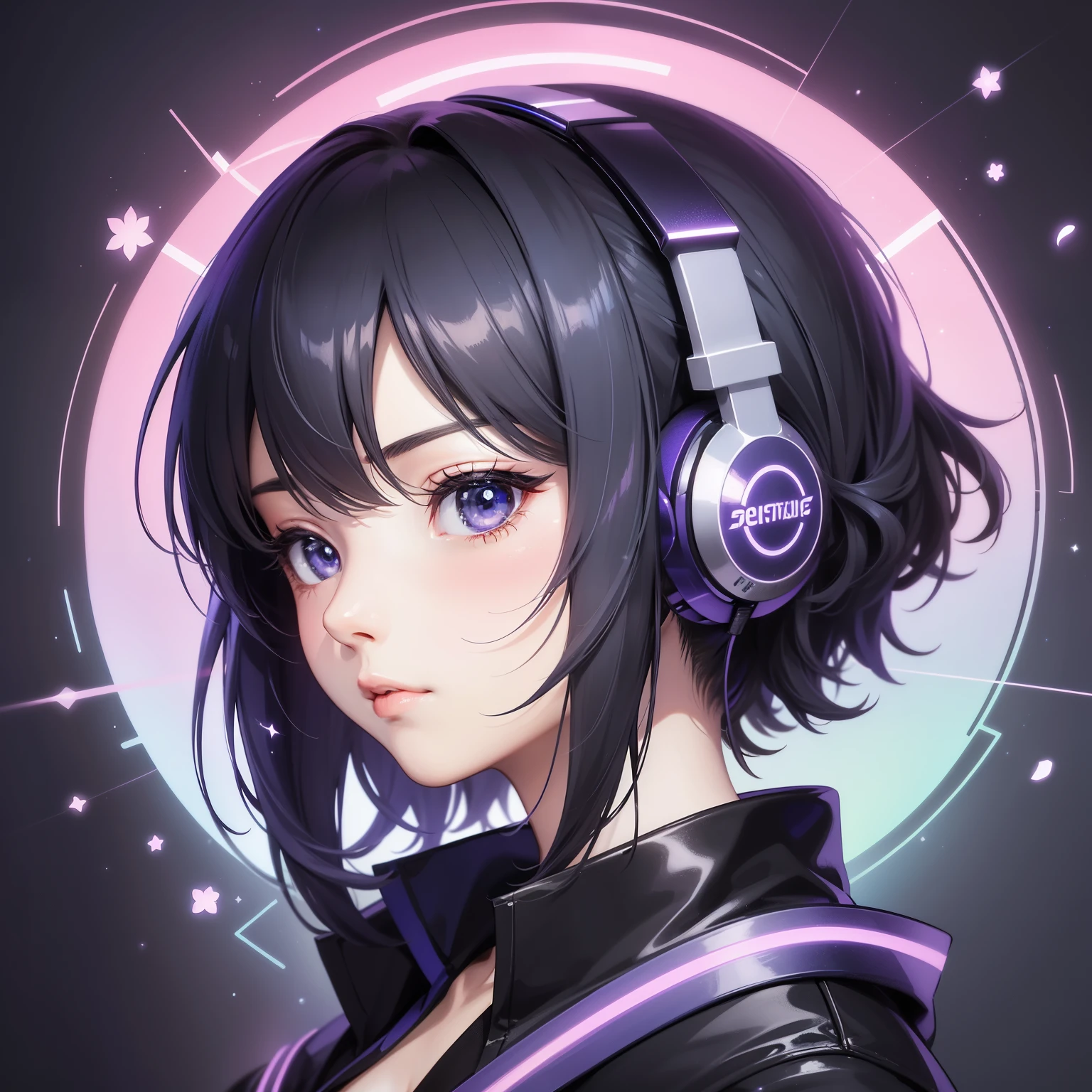Create a circular icon featuring the text "Anime Soundscape AI" in a sleek, futuristic font. The background should be a gradient of deep blue and purple, with subtle sparkles to evoke a sense of magic and fantasy. Include a minimalist silhouette of a pair of headphones surrounding the text, with subtle anime-inspired elements like a small katana or cherry blossoms integrated into the design.