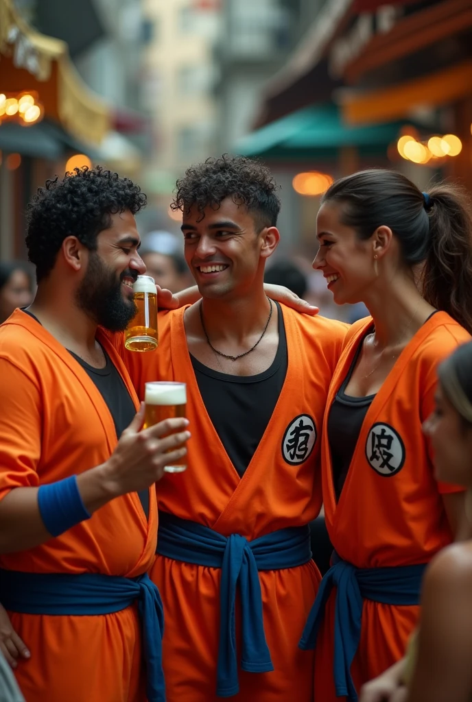 3 Latino men dressed in Dragon Ball Z clothing drinking beer and surrounded by beautiful women hugging them