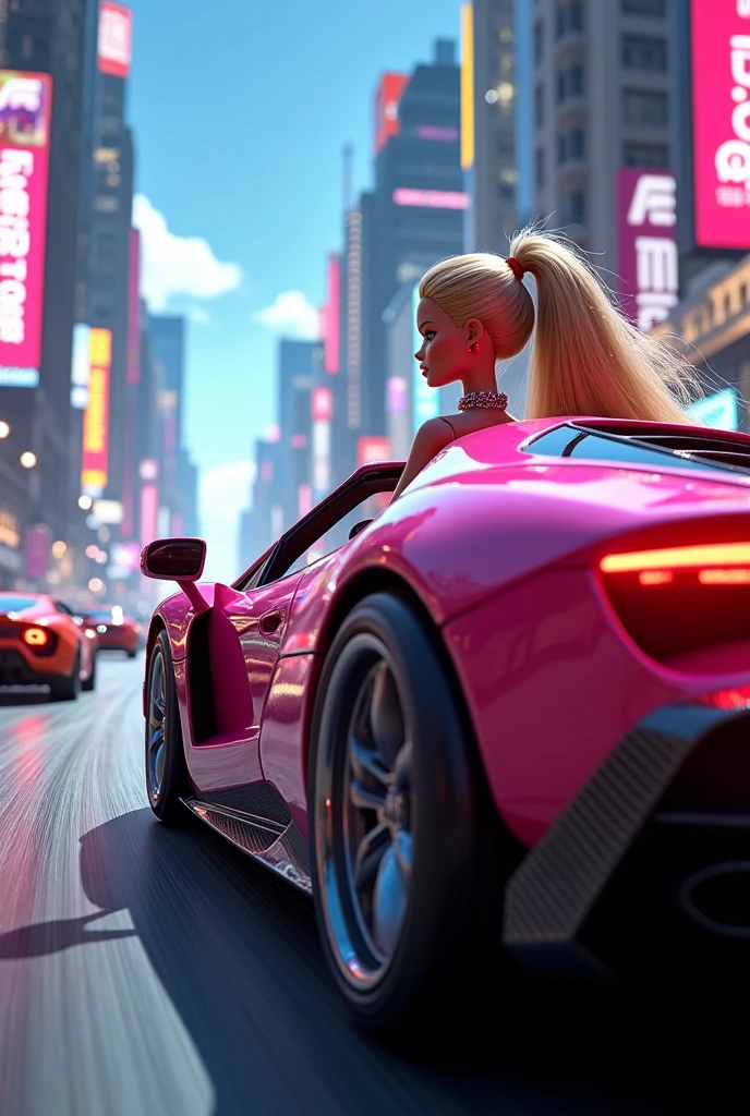 Barbie in a Fast and Furious car
