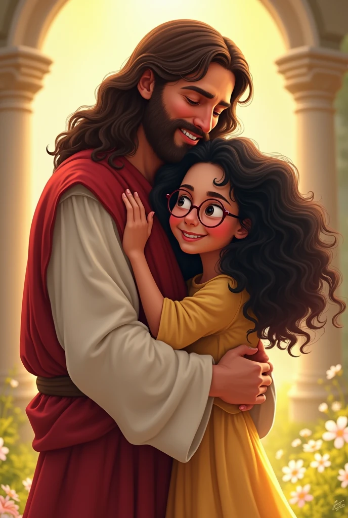 I want a photo of Jesus next to a young white girl, with super curly hair to the shoulders, with black glasses, hugging her like a disney cartoon