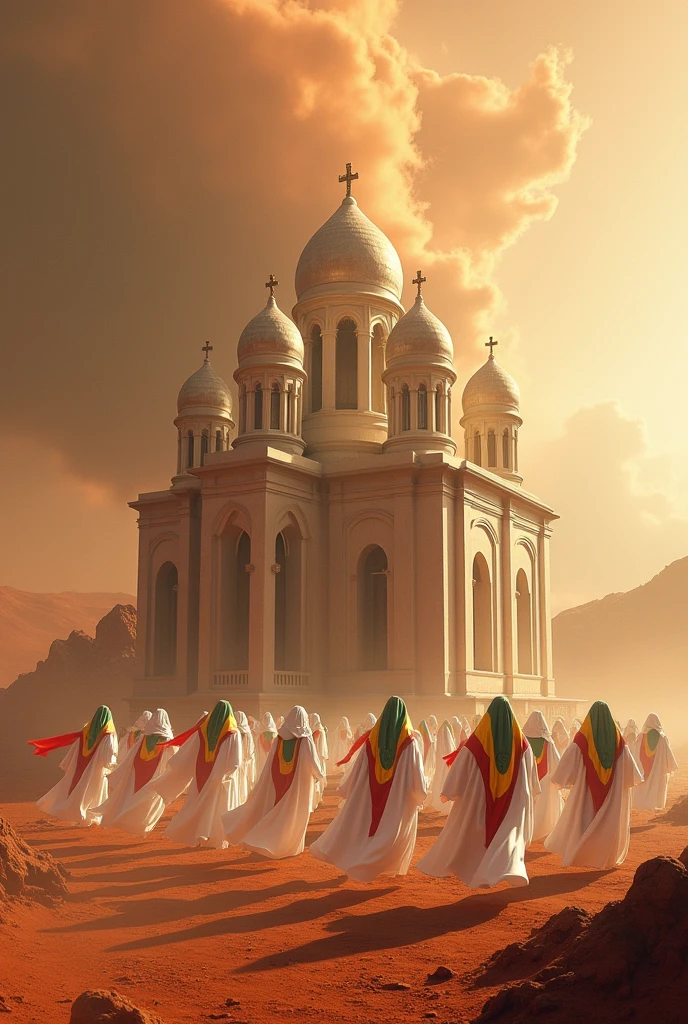 Create a photorealistic image of an Ethiopian classic Orthodox church with seven doms built on Mars ,large number of prayers wearing white cottonn clothes, the prayers stay on air only,the scene like dune film,dust storm, green,yellow and red fabric hanging over the prayers waving,add Ethiopian flag strip on their cloth.
