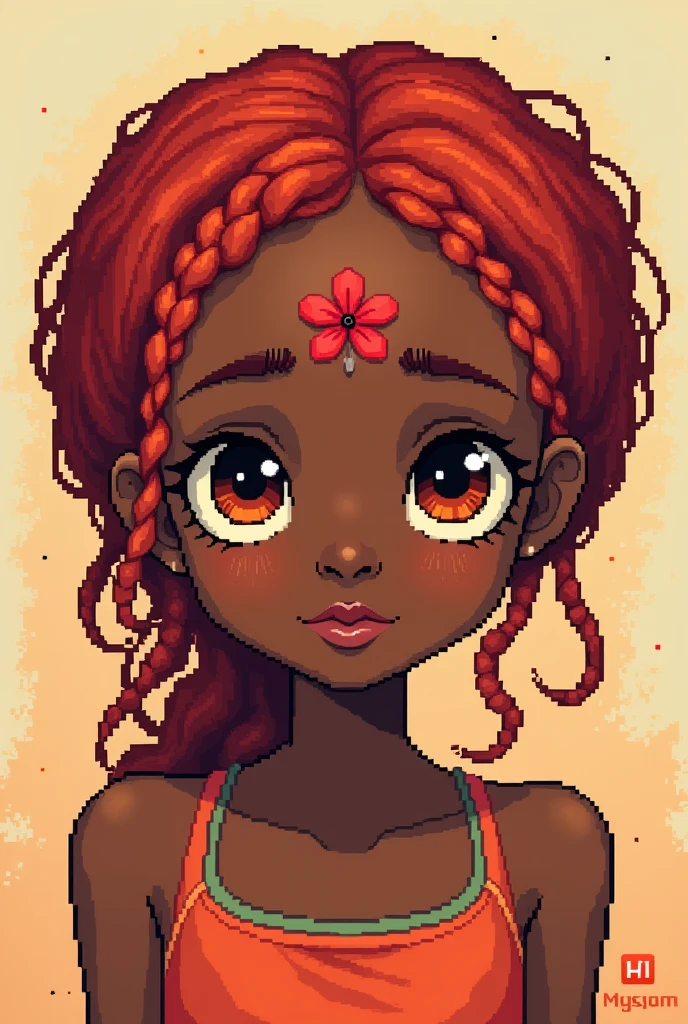 Pixel art of a dark skinned girl with red hair and a red flower on her forehead