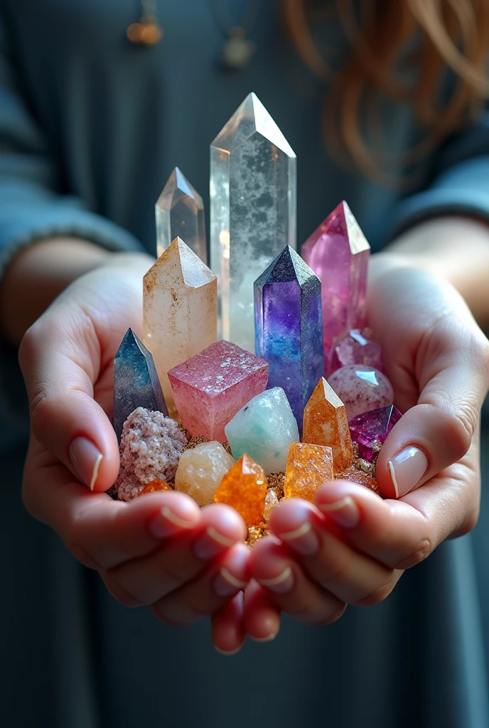 (Create a highly realistic and visually captivating image for Instagram, featuring a woman’s hands gracefully holding an assortment of crystals and natural stones. The image should convey the inherent power and beauty of these minerals in a way that engages and inspires viewers.

Hands: The hands should be elegant and refined, with well-manicured nails and smooth skin. Position the fingers in a gentle, natural pose that suggests a reverent connection with the crystals. The hands should be prominently displayed to highlight their delicate interaction with the stones.

Crystals and Stones: Include a diverse array of crystals and natural stones, such as amethyst, turquoise, clear quartz, and jasper. Ensure the details are vivid, showcasing the unique colors, textures, and reflections of each mineral. The crystals should catch the light in a way that emphasizes their brilliance and individual character.

Lighting: Utilize soft, diffused lighting to enhance the glow and reflections of the crystals. The light should create a subtle play of shadows and highlights that brings out the best features of the stones. Consider a warm light tone to add an inviting and mystical feel to the scene.

Background: Opt for a neutral or softly textured background that complements the crystals without distracting from them. A dark or muted background can help the vibrant colors of the stones stand out more effectively.

Atmosphere and Mood: Craft an atmosphere that evokes a sense of wonder and energy. You might incorporate delicate, glowing effects or gentle light flares around the crystals to suggest their powerful and magical qualities.

Additional Elements: For added impact, consider including subtle details like a soft, ethereal glow around the stones or tiny particles of light in the air, enhancing the mystical and powerful aura of the crystals.

The final image should be visually striking and engaging, designed to capture attention and resonate with viewers on Instagram. Aim for a co