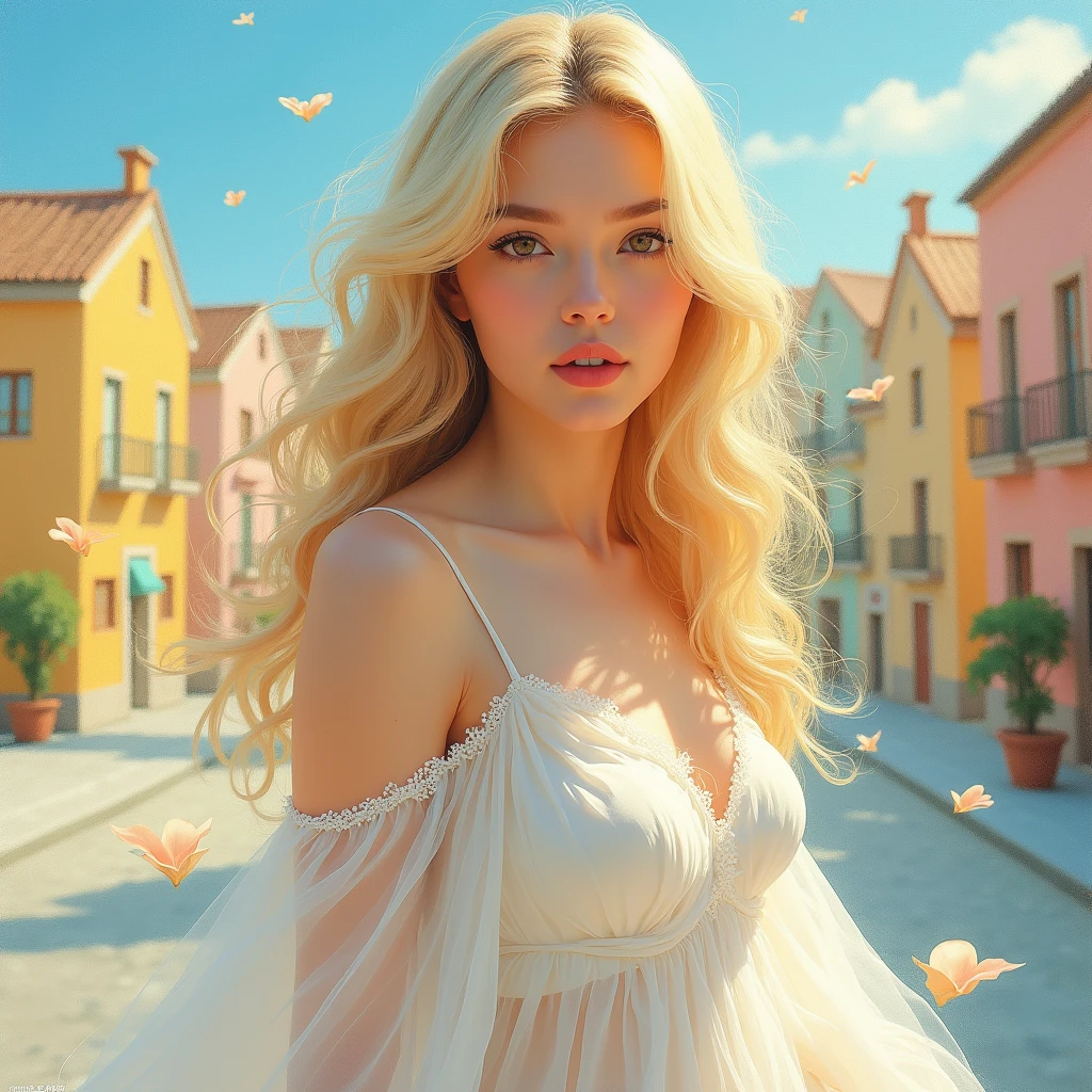 a beautiful blonde woman, 1girl, in a flowing white dress, elegant pose, attractive expression, pastel colors, highly detailed, beautiful background, harmonious color scheme, soft lighting, blue sky, yellowish tones, oil painting style with brushstrokes, oil painting texture, light and shadow effects, colorful details, street perspective, bright colors, (best quality,4k,8k,highres,masterpiece:1.2),ultra-detailed,(realistic,photorealistic,photo-realistic:1.37)