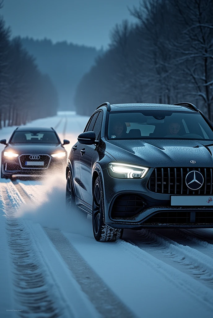 Mercedes g63 makes a race on the Autobahn a5 against an audi rsq8 at night the led headlights light up in the snow