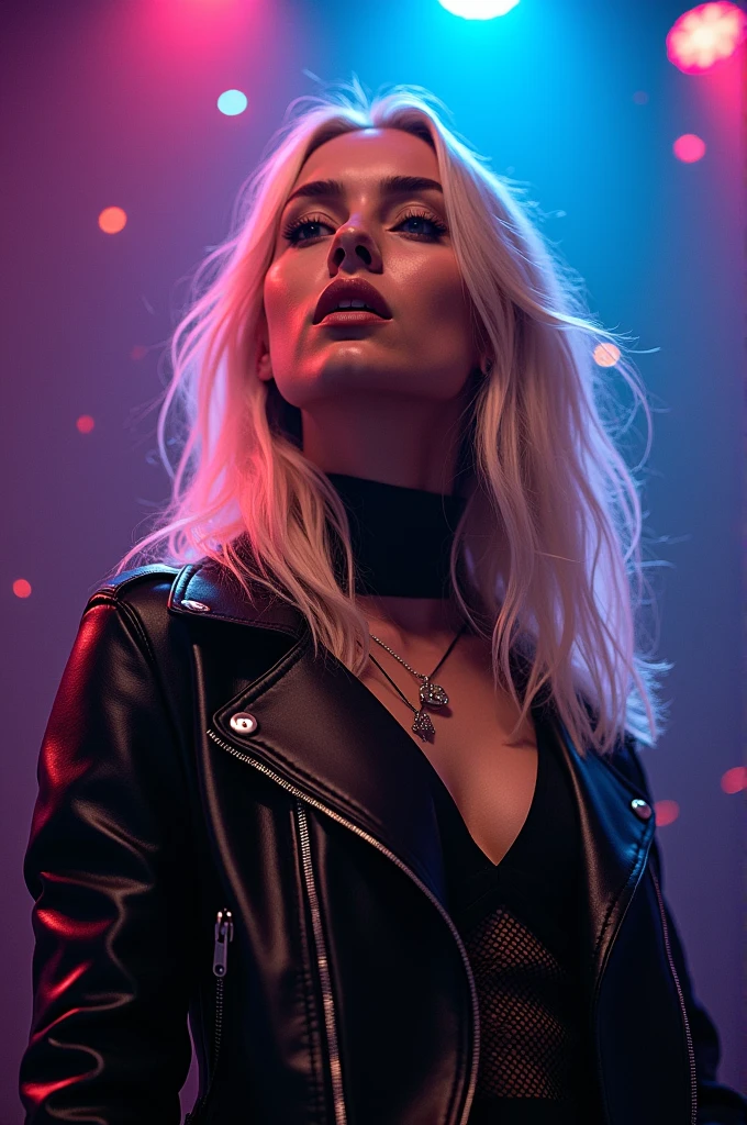 A woman with pearlescent hair and eyes, cloaked in a black leather jacket adorned with fishnet detailing, stood under colorful spotlights. Her voice filled the air with enchanting melodies as the lights danced around her like playful fireflies. The image, whether a painting or photograph, captured the ethereal beauty of this mysterious singer. Every detail, from the shimmering hair and captivating gaze to the intricate leather and delicate fishnet, exuded a sense of otherworldly allure. The overall composition and quality of the image were truly mesmerizing, drawing viewers in with its mesmerizing charm and elegance.