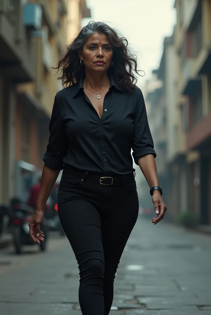 Hot indian big aunty wearing tight black shirt and pant, as she is secret detactive walking towards police station