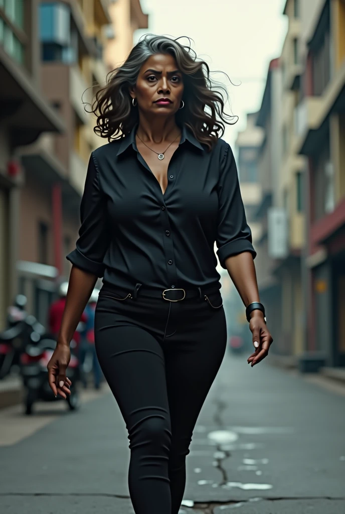 Hot indian big aunty wearing tight black shirt and pant, as she is secret detactive walking towards police station