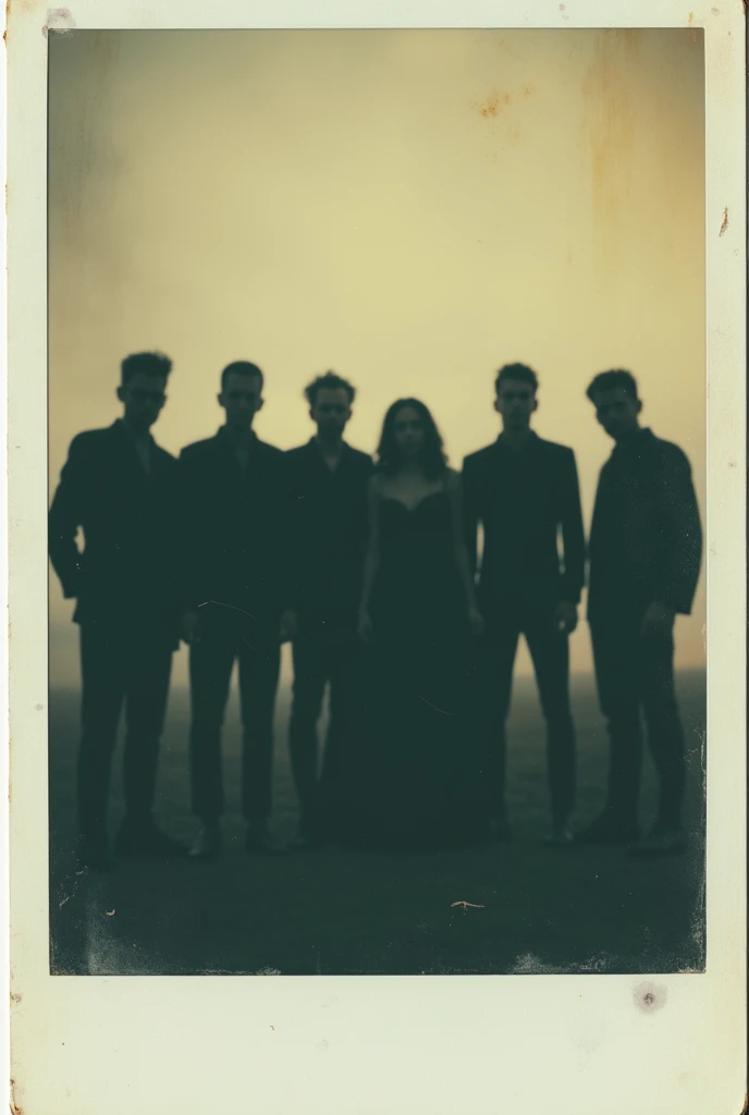 Create a vintage Polaroid photo featuring the shadows of seven adult men and one adult woman standing side by side. Only their shadows are visible, with no discernible features of the individuals themselves. The photo has a mysterious atmosphere, suggesting an eerie, hidden story. The edges of the photo are slightly worn and faded, emphasizing its age and the enigmatic scene captured within.