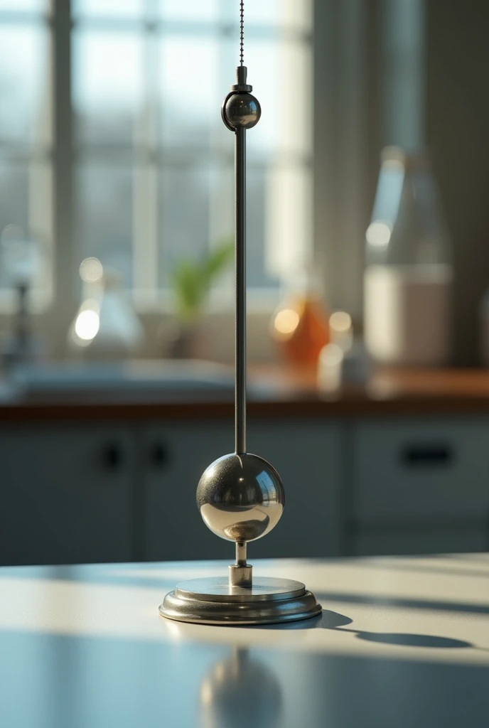 "Create an image of a simple pendulum in a laboratory setting. The pendulum consists of a metal plumb bob suspended from the top of a universal stand by a thin cord. The stand is equipped with a clamp at the top where the cord is attached, holding the pendulum in place. The laboratory background should include subtle details like a lab table and equipment, but the focus should remain on the pendulum. The lighting should be natural and soft, highlighting the pendulum's metallic surface and the cord's tension."
