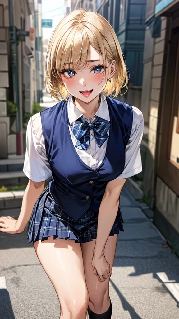 (masterpiece:1.3, top-quality, ultra high res, ultra detailed), (realistic, photorealistic:1.4), beautiful illustration, perfect lighting, natural lighting, colorful, depth of fields, surrealism,
beautiful detailed hair, beautiful detailed face, beautiful detailed eyes, beautiful clavicle, beautiful body, beautiful chest, beautiful thigh, beautiful legs, beautiful fingers, shiny skin, babyface,
looking at viewer, selfie, 1 girl, high school girl, (perfect anatomy, anatomically correct, super detailed skin), cute and symmetrical face, perfect face, perfect eyes,
(short hair, lob hair, blonde hair), asymmetrical bangs, blue-green eyes, big eyes, long eyelashes, (large breasts:1.2, seductive thighs), slender, outstanding style,
((detailed cloth texture, break,break, white collared shirt, break,break, navy blue suit vest, break,break, blue plaid pleated skirt, break,break, purple blue bow tie), socks, black loafer),
(beautiful scenery), evening, (downtown), (standing, leaning forward,), (heart shaped pupils, :3, aroused, ahegao, orgasm, in heat, naughty face, seductive smile, open mouth small),