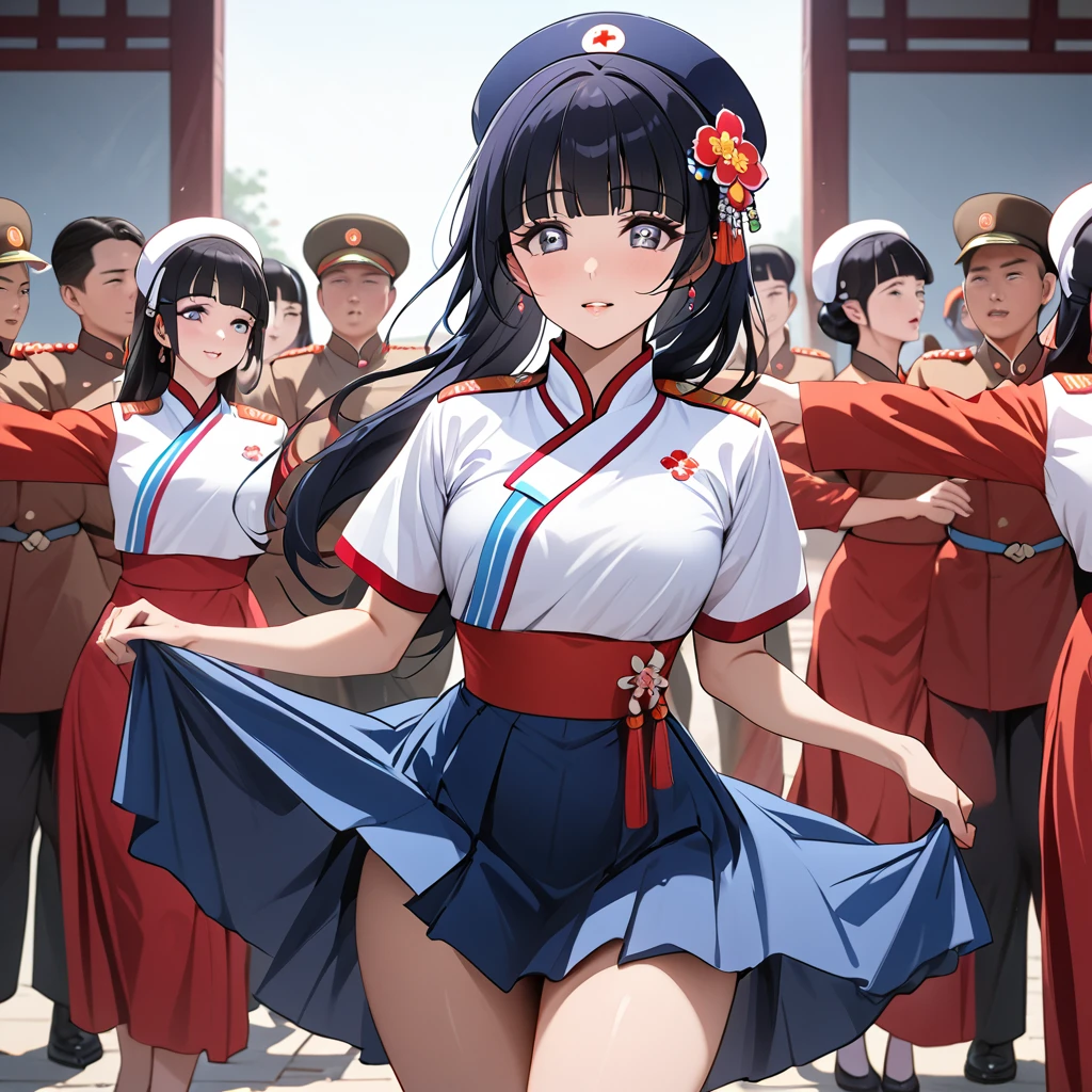 ((Highest quality)), ((masterpiece)), (detailed), (Perfect Face)、The woman is Reika Aoki with semi-long hair、The woman is a member of the North Korean Pleasure Squad and is dressed in North Korean national costume and performing a dance for the general.