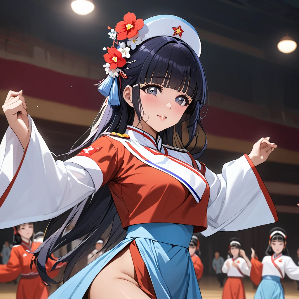 ((Highest quality)), ((masterpiece)), (detailed), (Perfect Face)、The woman is Reika Aoki with semi-long hair、The woman is a member of the North Korean Pleasure Squad and is dressed in North Korean national costume and performing a dance for the general.