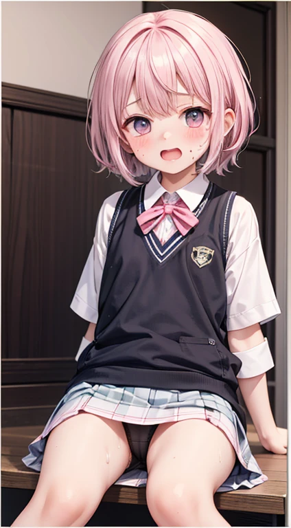 Highest quality,Ultra-wide angle composition、Elementary school girl　Sweaty face　cute　short hair　boyish　My hair is wet with sweat　I like face sitting、Naughty　Cunnilingus　Pink sigh　Took　Character Panties