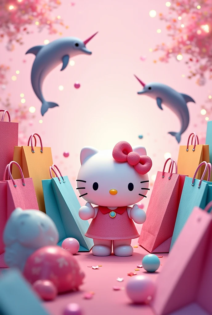 Hello Kitty with many shopping bags on a pink background with dolphins and unicorns jumping in the sea during sunset