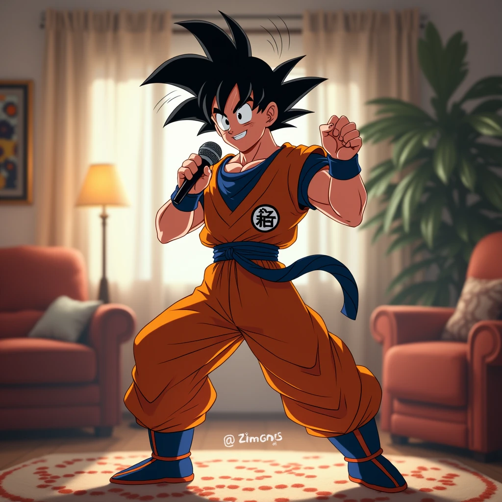 Goku dancing with a microphone in his hand in the living room of his house