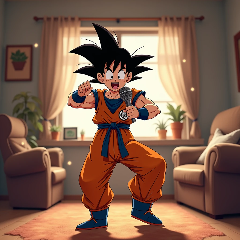 Goku dancing with a microphone in his hand in the living room of his house