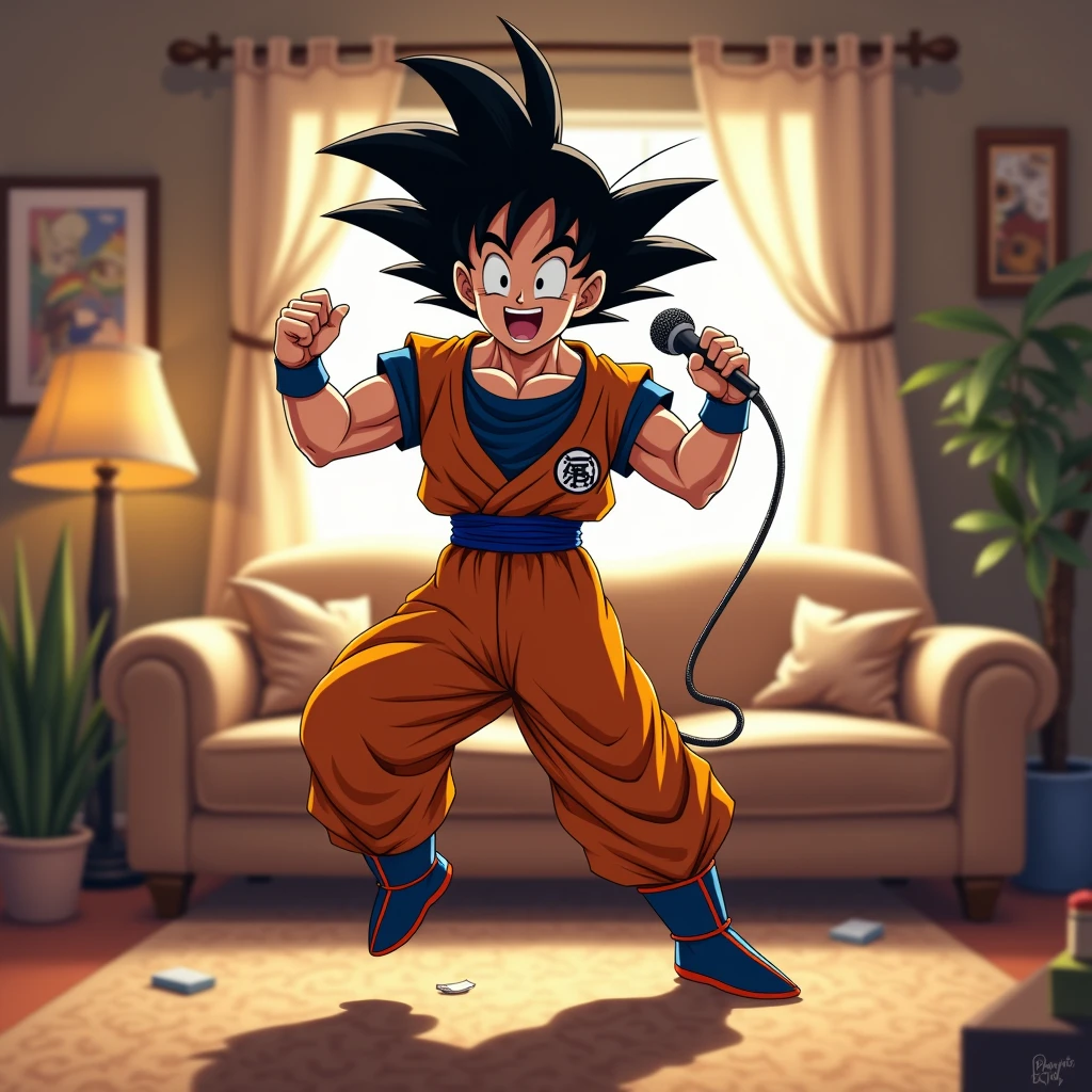Goku dancing with a microphone in his hand in the living room of his house