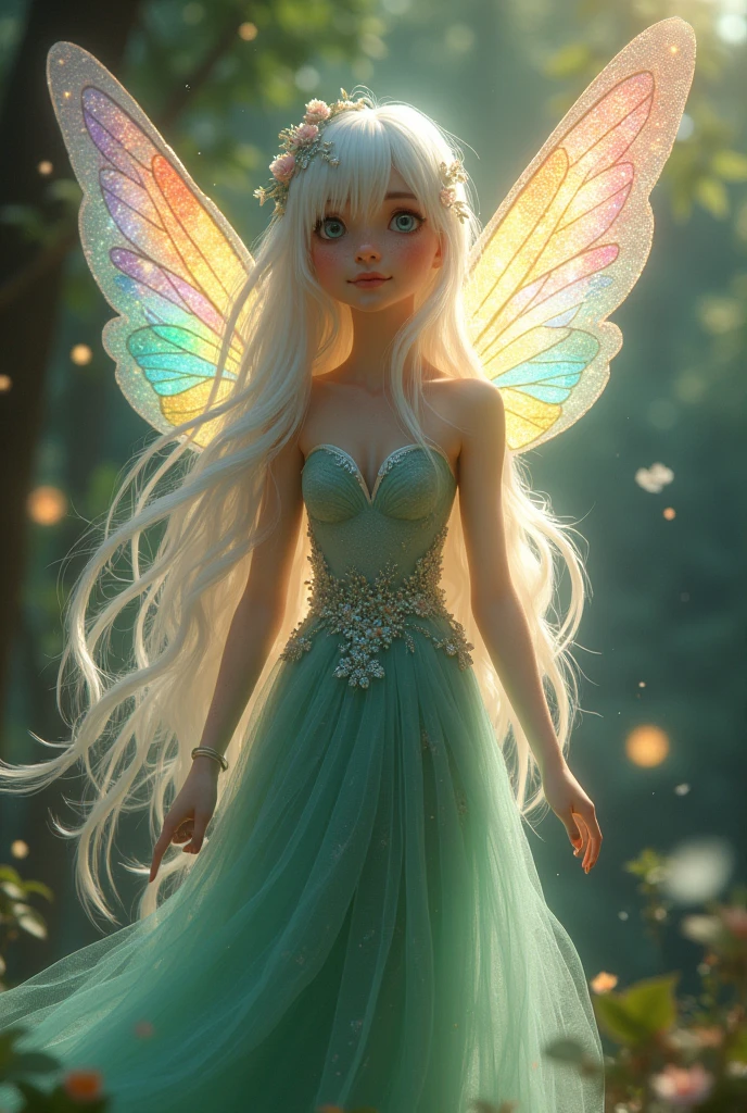 * Lúmina is a slender and charming fairy, with delicate skin dotted with freckles that shine in the sunlight. Her hair is long and white as snow, with wavy ends that display a vibrant palette of colors, Like a rainbow in motion. The waves of her hair dance lightly in the breeze, reflecting its colors in a light show.
* Its wings are a true spectacle of nature, with colors ranging from red to violet, forming a dazzling rainbow. They are big and transparent, with shiny details reminiscent of the brightness of stars at night. When Lúmina flies, its wings emit a soft glow, leaving a trail of magical light.
* She wears an ethereal dress made of flower petals and silver threads., that moves gracefully with her. The dress has soft shades of green and blue, complementing your magical appearance.
* Lúmina is kind and full of curiosity. She loves exploring forests and gardens, bringing joy and magic to everyone he meets. Always ready to help, she uses her powers to protect nature and spread smiles.